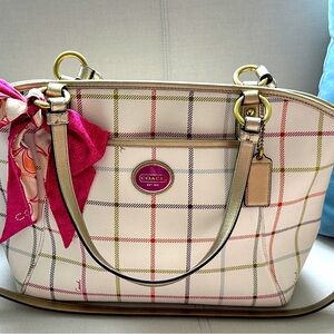 COACH Peyton Tattersall leather tote w/satin bow